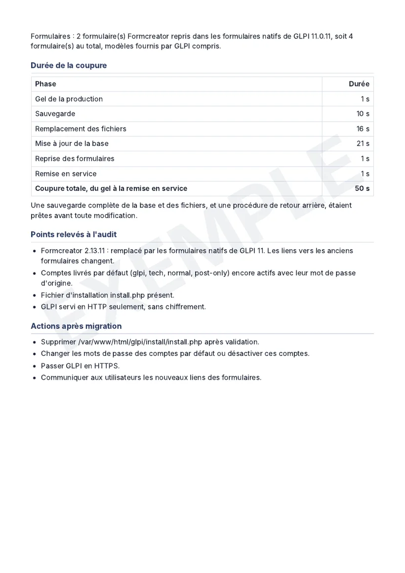 Page 2 : durée de la coupure par phase, points d'audit et actions après migration